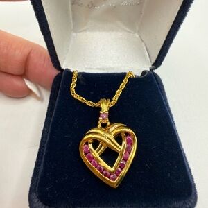 Danbury Mint Dozen Ruby Heart Necklace Gold Tone 17”